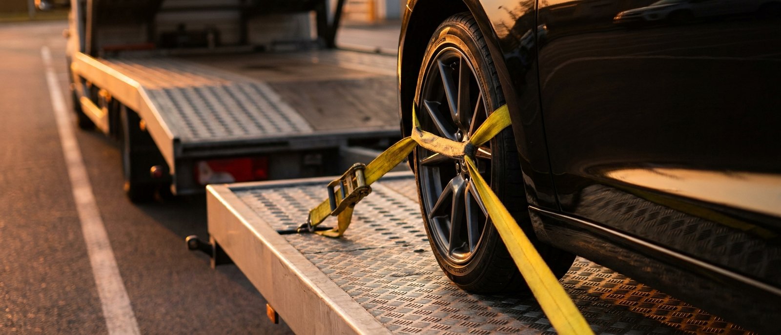 Samochód zabezpieczony pasem transportowym na platformie lawety